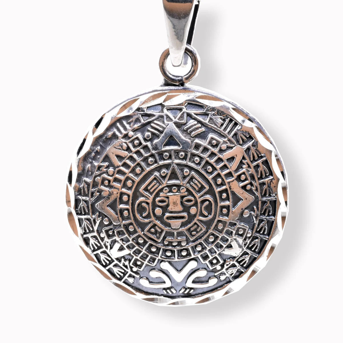 925 Sterling Silver Oxidized Diamond Cut Puffed Aztec Mayan Calendar 3D Pendant