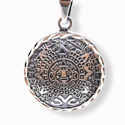 925 Sterling Silver Oxidized Diamond Cut Puffed Aztec Mayan Calendar 3D Pendant