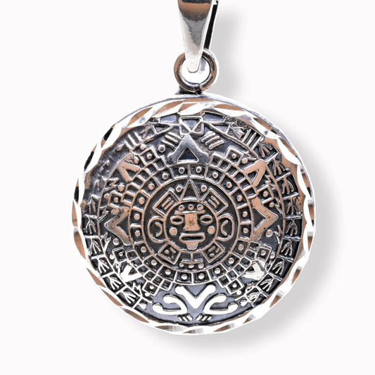 925 Sterling Silver Oxidized Diamond Cut Puffed Aztec Mayan Calendar 3D Pendant