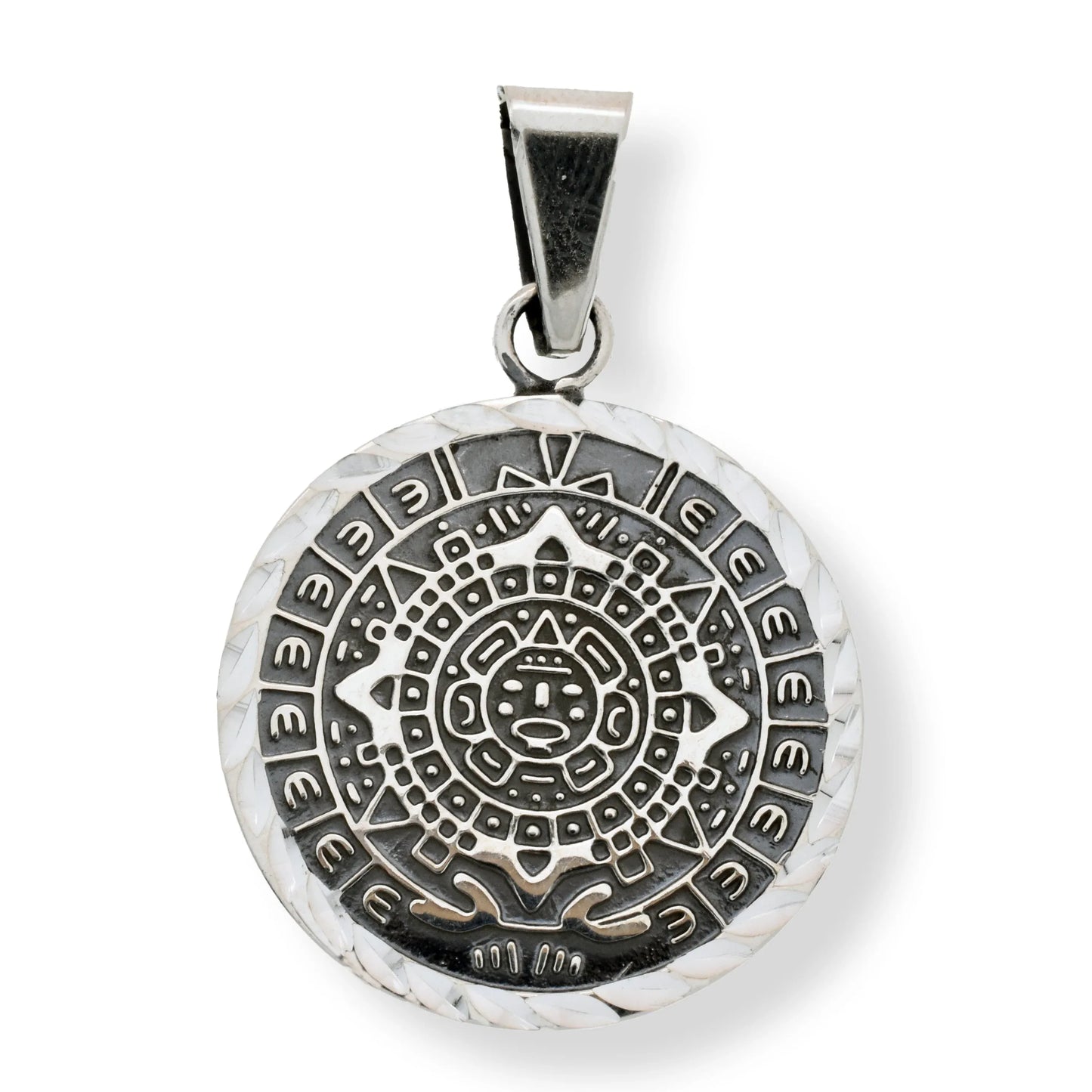 925 Sterling Silver Oxidized Diamond Cut Flat Aztec Mayan Calendar Pendant