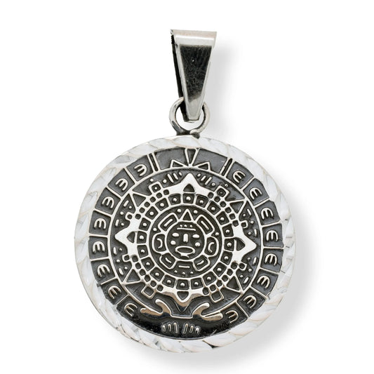 925 Sterling Silver Oxidized Diamond Cut Flat Aztec Mayan Calendar Pendant