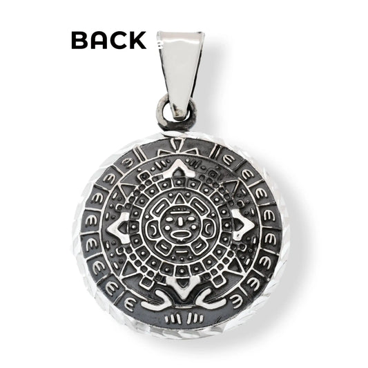 925 Sterling Silver Oxidized Diamond Cut Puffed Aztec Mayan Calendar Double Sided Pendant