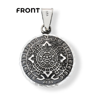 925 Sterling Silver Oxidized Diamond Cut Puffed Aztec Mayan Calendar Double Sided Pendant