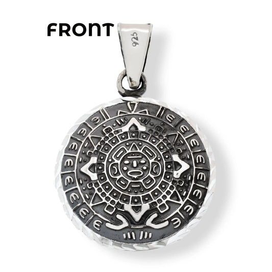 925 Sterling Silver Oxidized Diamond Cut Puffed Aztec Mayan Calendar Double Sided Pendant