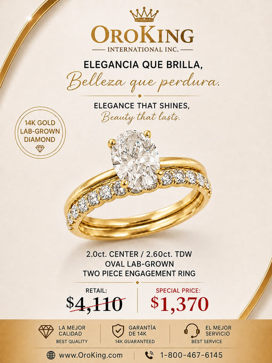 Women's 14K Yellow Gold Lab-Grown Oval Diamond Two-Piece Engagement Ring 2.00ct. Center Stone 2.60ct. TDW