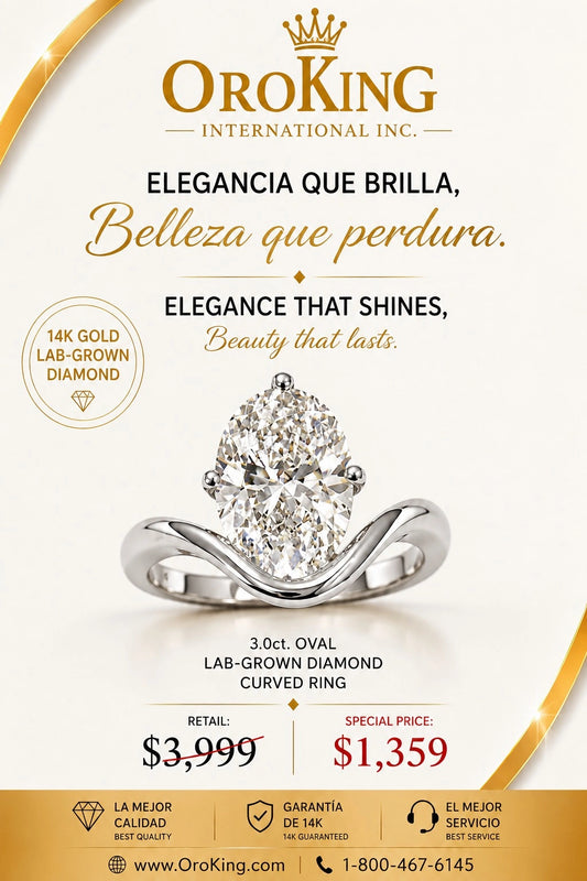 Women's 14K White Gold Certified Lab-Grown Diamond Oval Cut Curved Ring 3.00ct. Center Stone