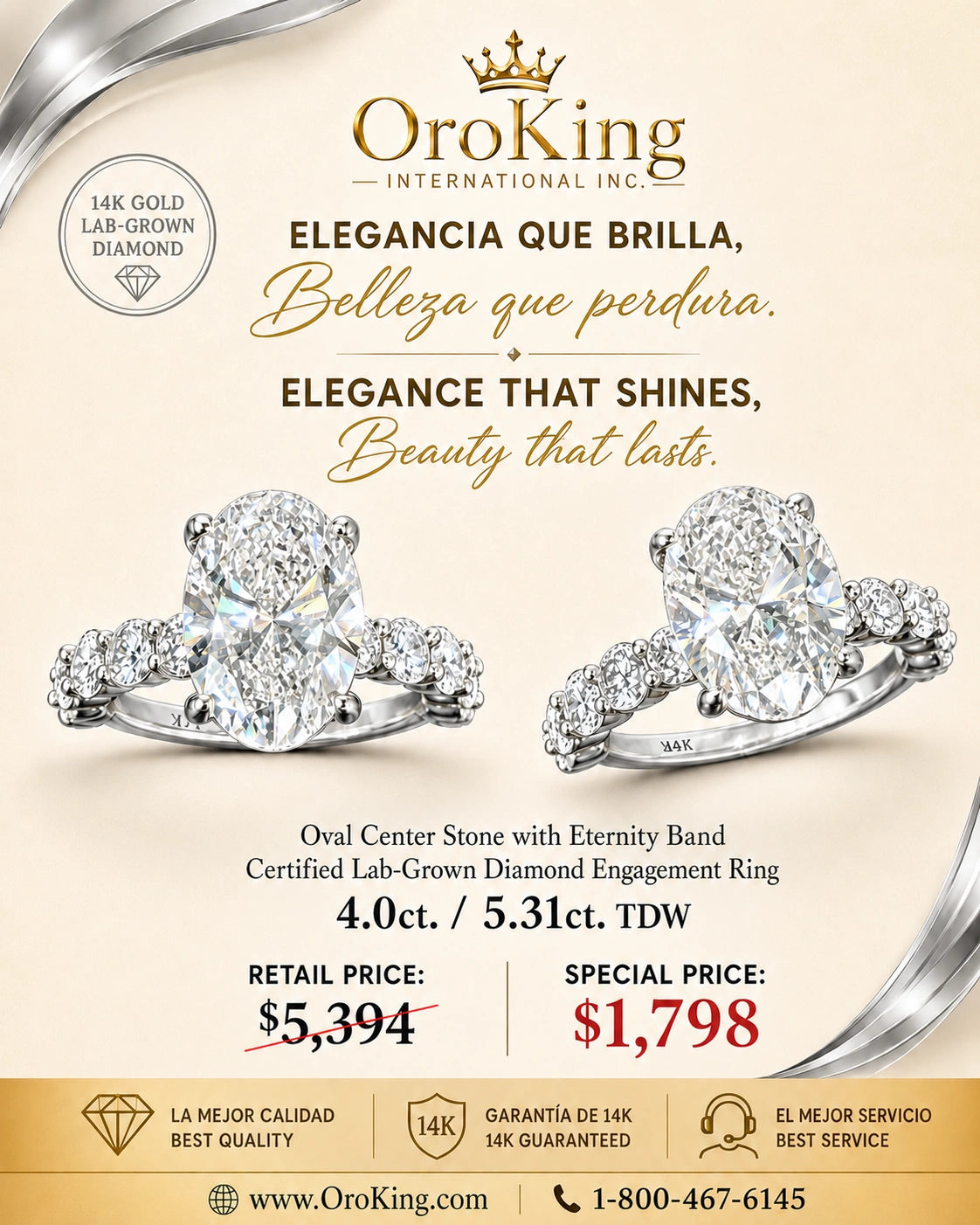 Women's 14K White Gold Lab-Grown Diamond Engagement Ring 4.00ct. Oval  Center Stone with Round Side Stone 5.31ct. TDW