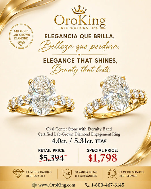 Women's 14K Yellow Gold Lab-Grown Diamond Infinity Design Engagement Ring 4.00ct. Oval Center Stone with Round Side Stone 4.15ct. TDW
