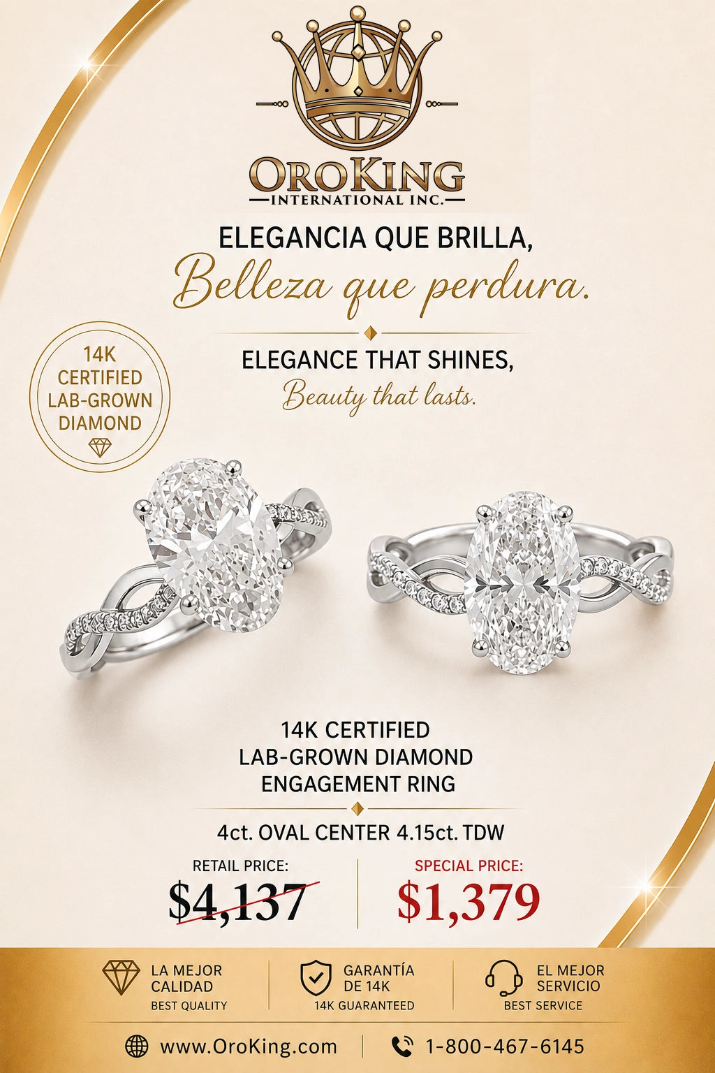 Women's 14K White Gold/Yellow Gold Lab-Grown Diamond Infinity Design Engagement Ring 4.00ct. Oval Center Stone with Round Side Stone 4.15ct. TDW