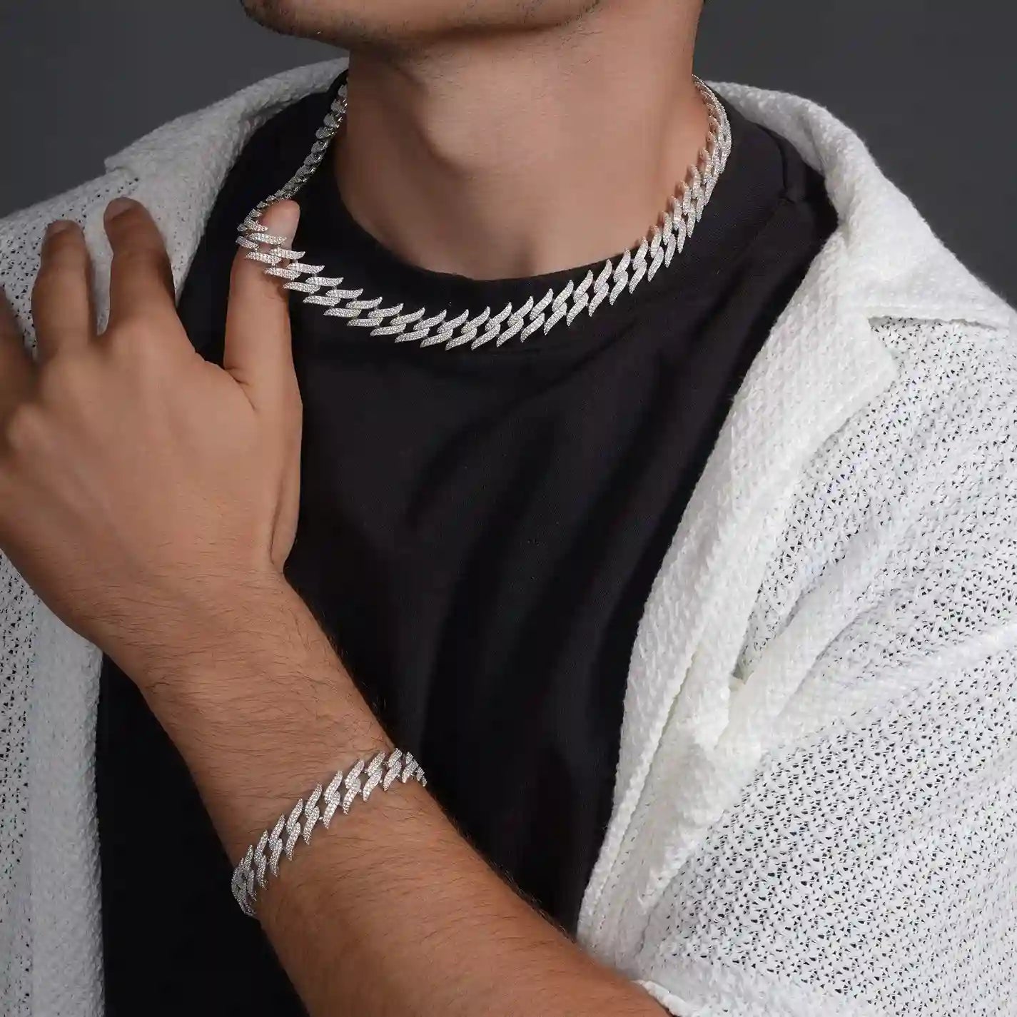 925 Sterling Silver Rhodium Plated CZ Encrusted Spike Barbed Wire 13mm Chain or Bracelet