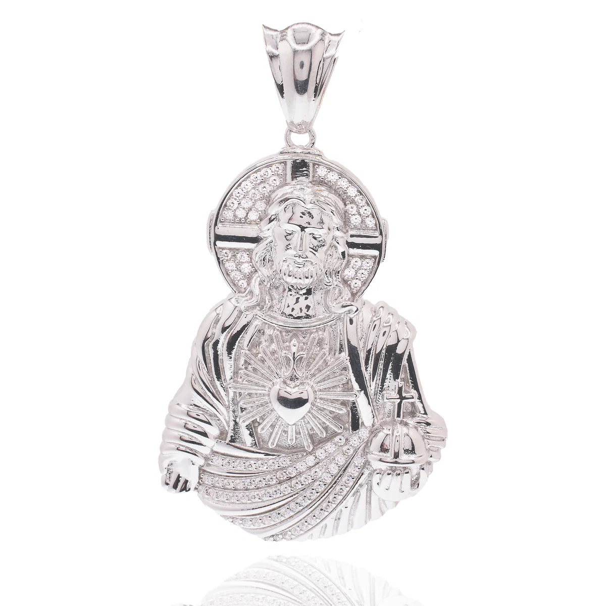 925 Sterling Silver Rhodium Plated Jesus Christ Sacred Heart Clear CZ 43mm x 60mm Pendant