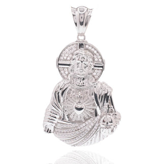 925 Sterling Silver Rhodium Plated Jesus Christ Sacred Heart Clear CZ 43mm x 60mm Pendant