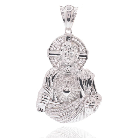 925 Sterling Silver Rhodium Plated Jesus Christ Sacred Heart Clear CZ 43mm x 60mm Pendant