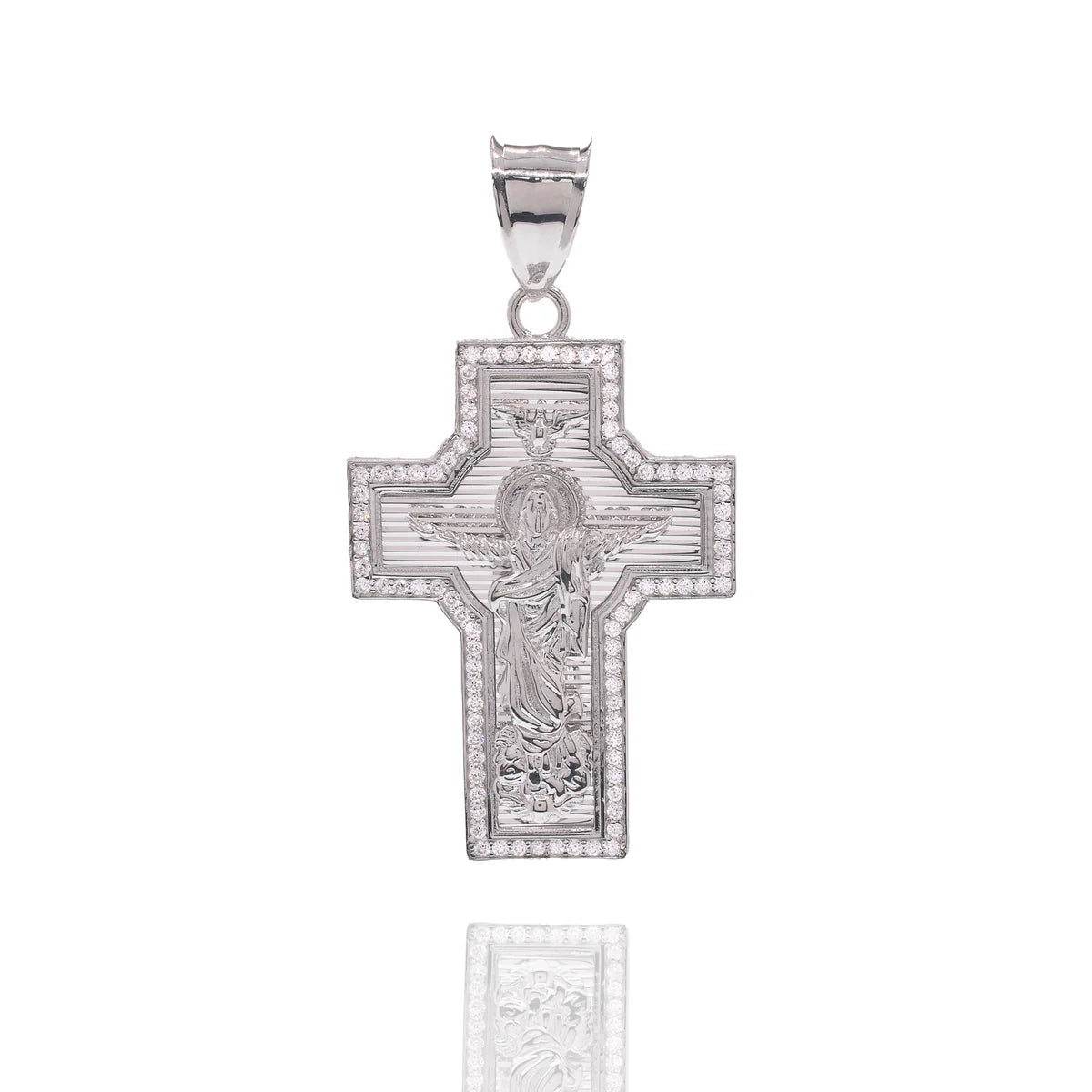 925 Sterling Silver Rhodium Plated Saint Jude Diamond Cut Cross Clear CZ 30mm x 41mm Pendant
