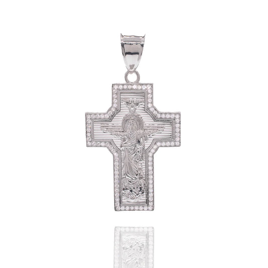 925 Sterling Silver Rhodium Plated Saint Jude Diamond Cut Cross Clear CZ 30mm x 41mm Pendant