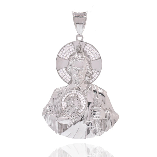 925 Sterling Silver Rhodium Plated Sacred Heart Jesus Clear CZ 41.5mm x 51.5mm Pendant