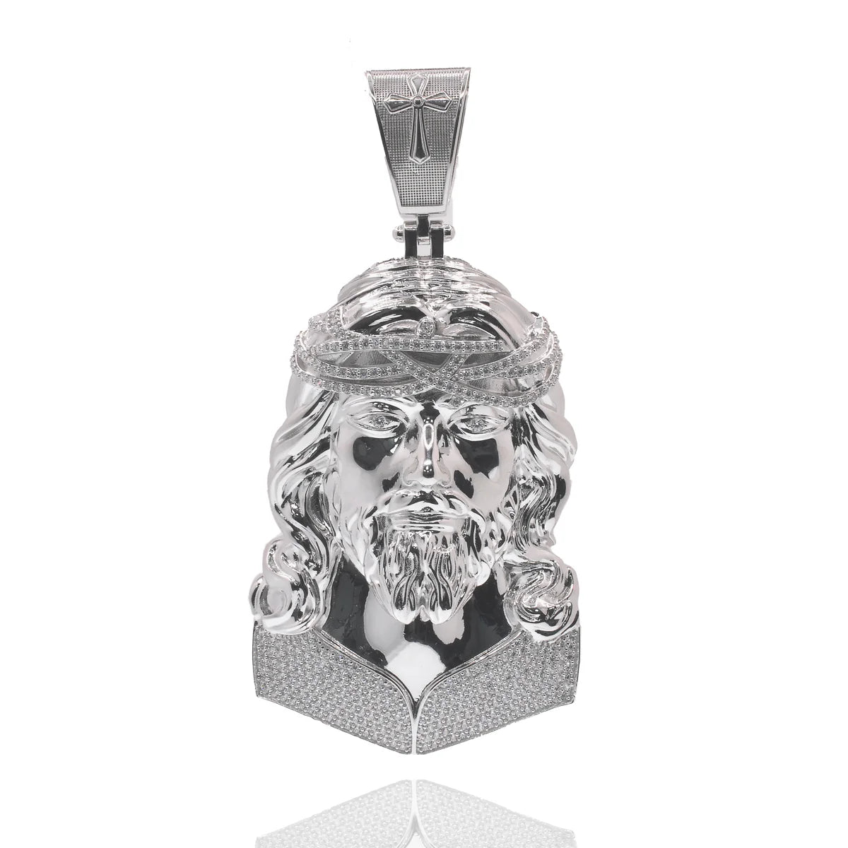 925 Sterling Silver Rhodium Plated Jesus Christ Cross 49.5mm x 74mm Clear CZ Hollow Pendant