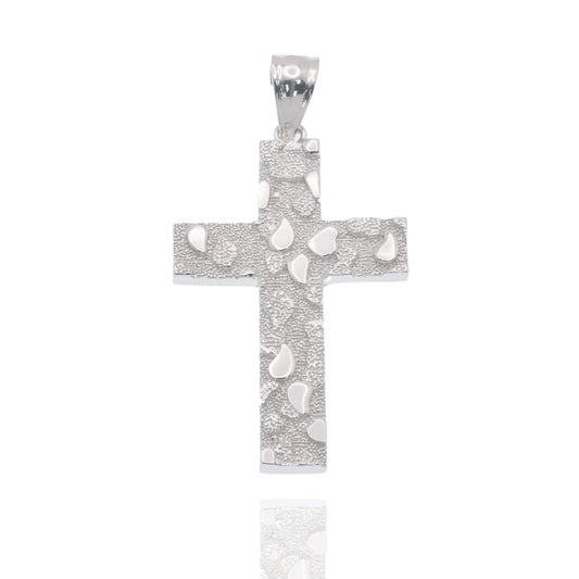 925 Sterling Silver Rhodium Plated Nugget Cross 23.5mm x 35.3mm Pendant