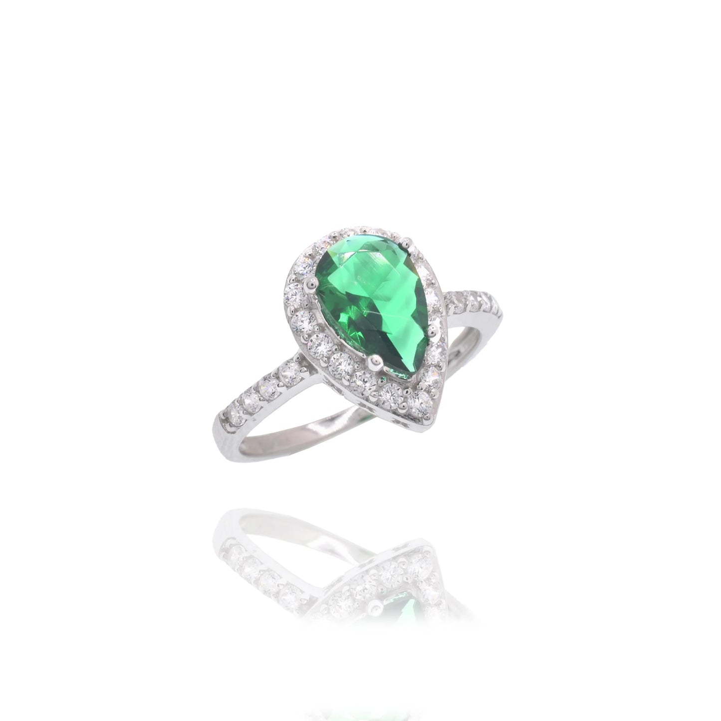 925 Sterling Silver Rhodium Plated Teardrop Emerald and Clear CZ Ring