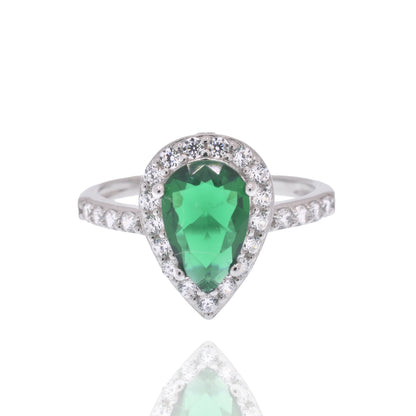 925 Sterling Silver Rhodium Plated Teardrop Emerald and Clear CZ Ring