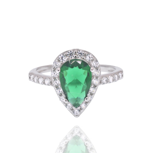925 Sterling Silver Rhodium Plated Teardrop Emerald and Clear CZ Ring