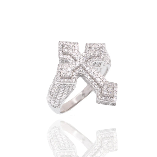 925 Sterling Silver Rhodium Plated Men's Iced Out Cross Pave CZ Statement Ring