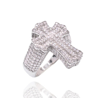 925 Sterling Silver Rhodium Plated Men's Iced Out Cross Pave CZ Statement Ring