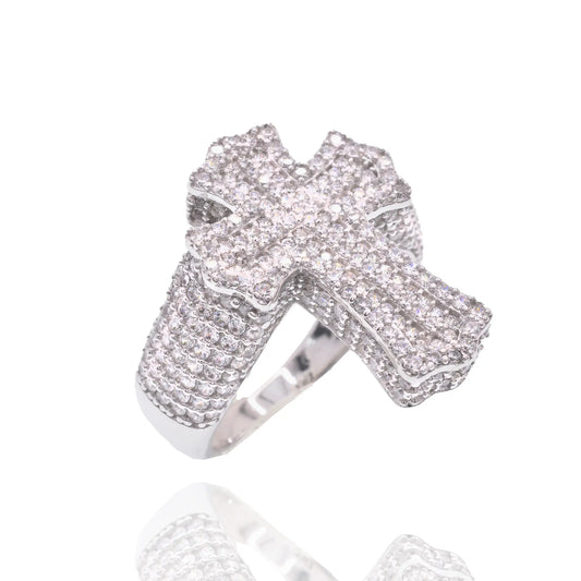 925 Sterling Silver Rhodium Plated Men's Iced Out Cross Pave CZ Statement Ring