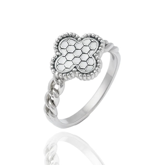 925 Sterling Silver Rhodium Plated 8mm Clover Clear CZ Ring