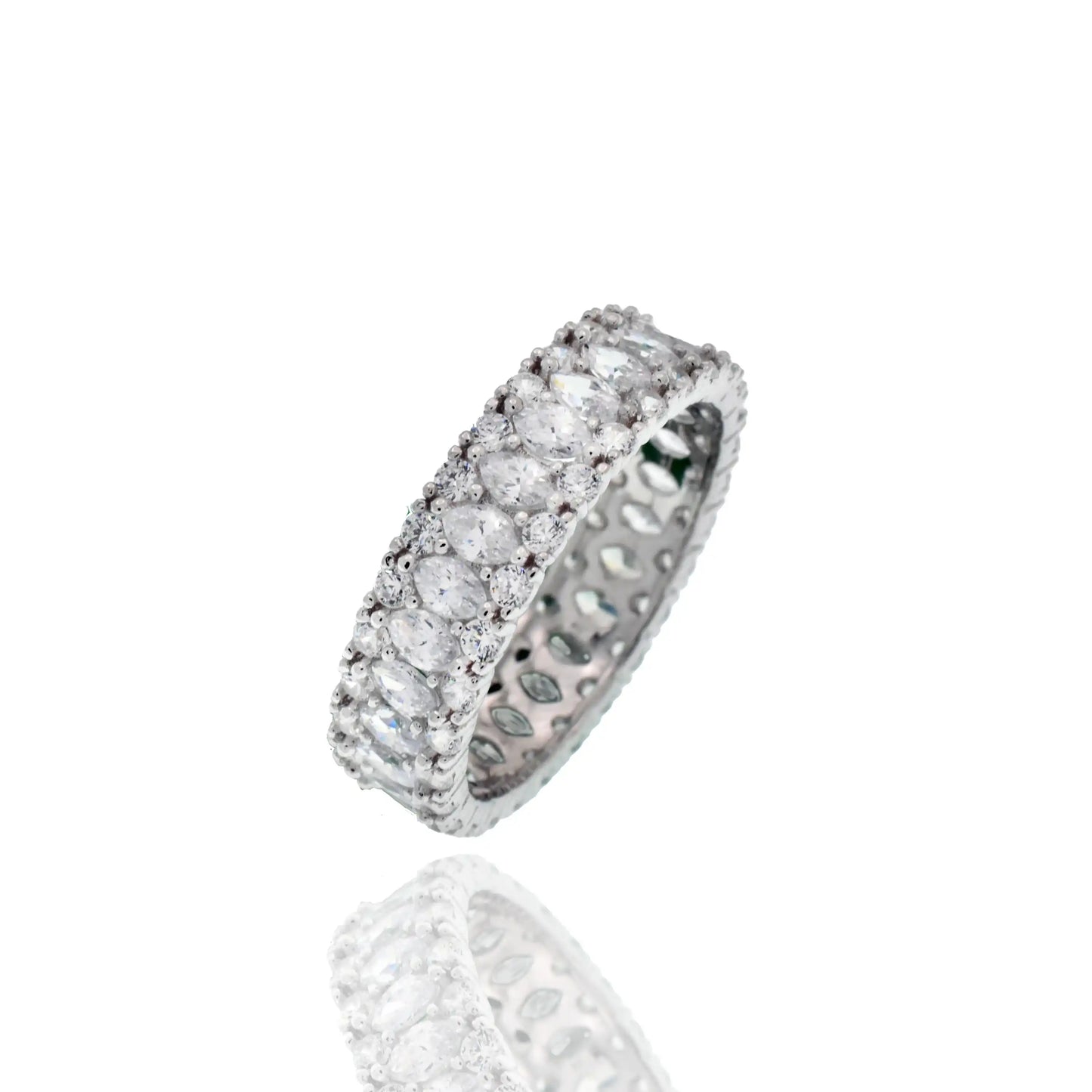 925 Sterling Silver Rhodium Plated 5.4mm Triple Row Eternity Band Clear CZ Ring