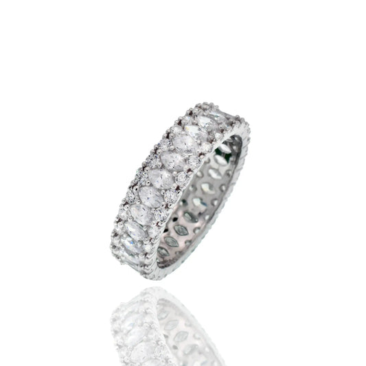 925 Sterling Silver Rhodium Plated 5.4mm Triple Row Eternity Band Clear CZ Ring