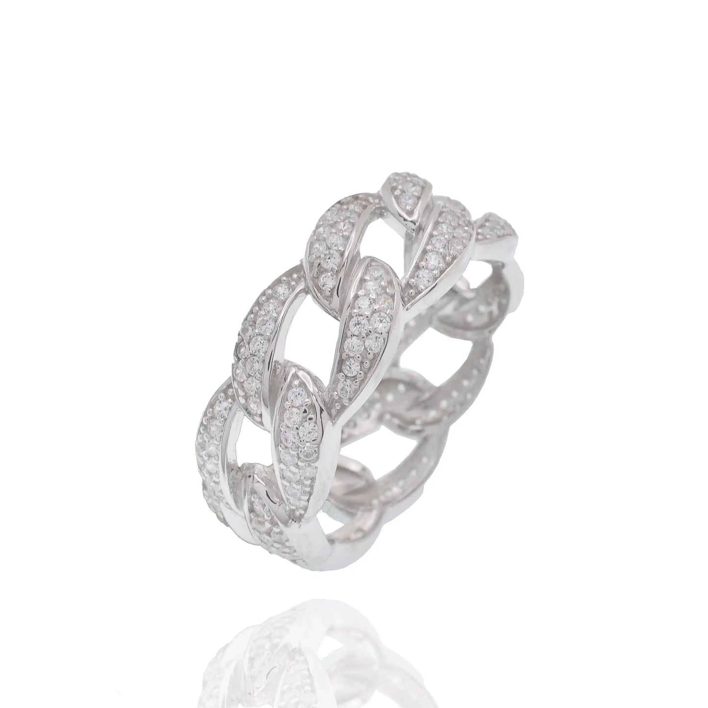 925 Sterling Silver Rhodium Plated Iced Cuban Link Clear CZ 8.7mm Ring