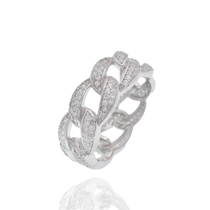 925 Sterling Silver Rhodium Plated Iced Cuban Link Clear CZ 8.7mm Ring