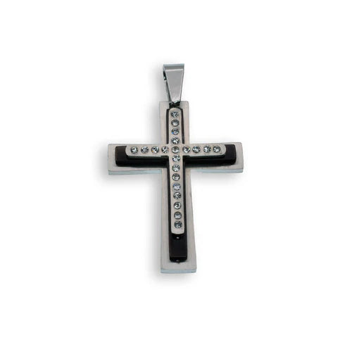 SilverBlack & Rhodium Plated Stainless Steel Double Layered CZ Cross Pendant - SSP00120