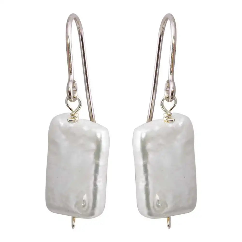 925 Sterling Silver Rhodium Plated Fish Hook Square Dangling Pearl Earrings