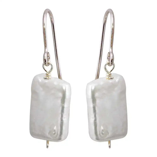 925 Sterling Silver Rhodium Plated Fish Hook Square Dangling Pearl Earrings