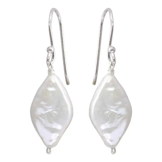 925 Sterling Silver Rhodium Plated Fish Hook Diamond Shape Dangling Pearl Earrings