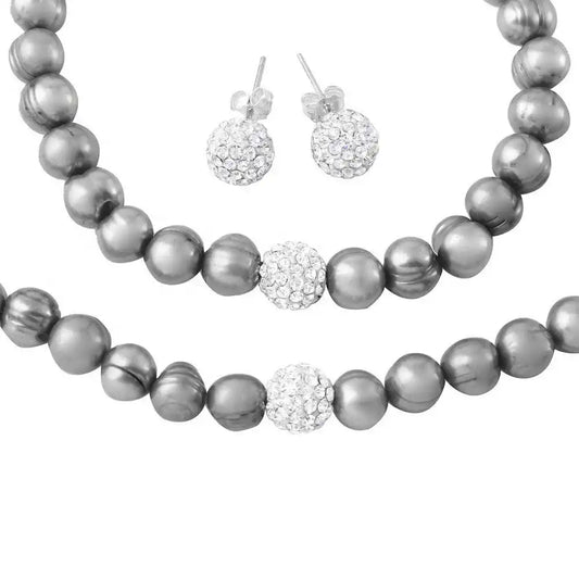 925 Sterling Silver Fresh Water Grey Pearl Set with CZ Encrusted Bead