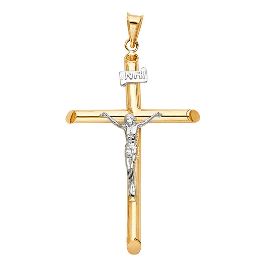 14K Two-Tone Gold High-Polished Tube Crucifix Pendant with White Gold Christ & INRI Aprox 2 1/4" Tall