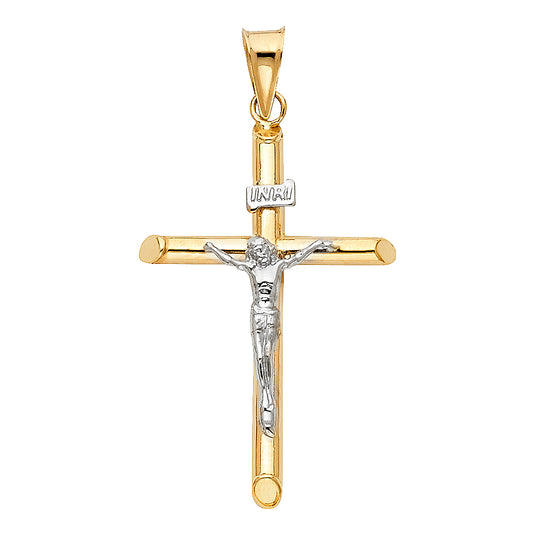 14K Two-Tone Gold High-Polished Tube Crucifix Pendant with White Gold Christ & INRI Aprox 1.5" Tall