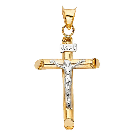 14K Two-Tone Gold High-Polished Tube Crucifix Pendant with White Gold Christ & INRI Aprox 1.5" Tall