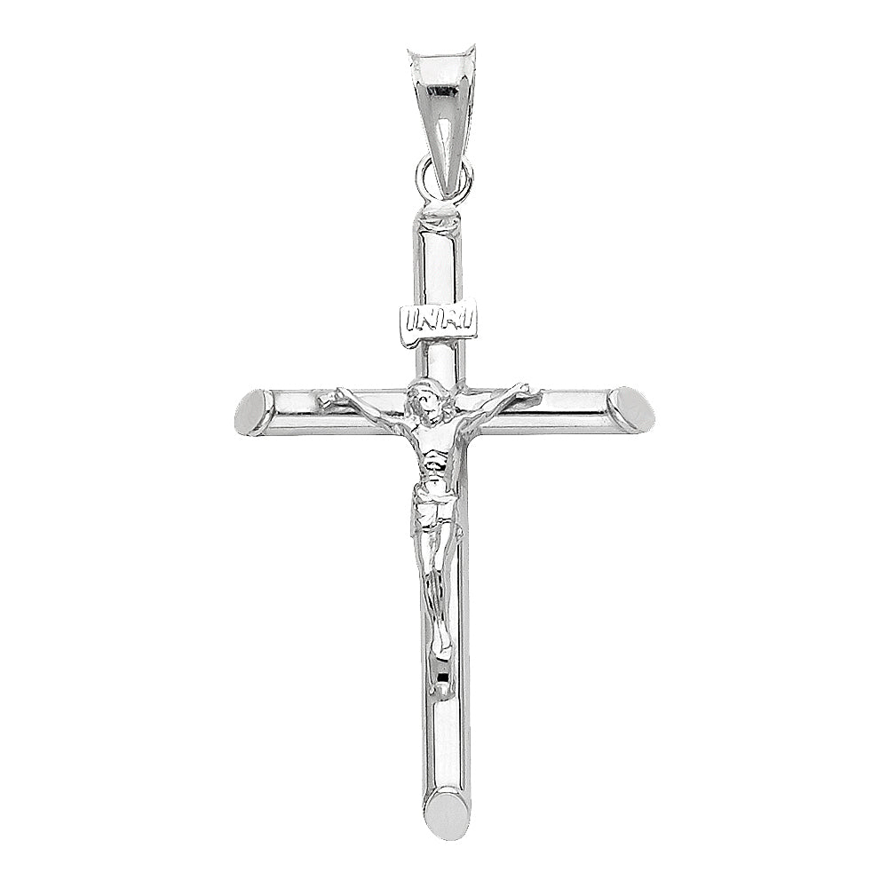 14K White Gold High-Polished Tube Crucifix Pendant with INRI & Christ Figure  aprox 1.5" Tall