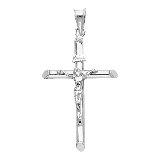 14K White Gold High-Polished Tube Crucifix Pendant with INRI & Christ Figure  aprox 1.5" Tall