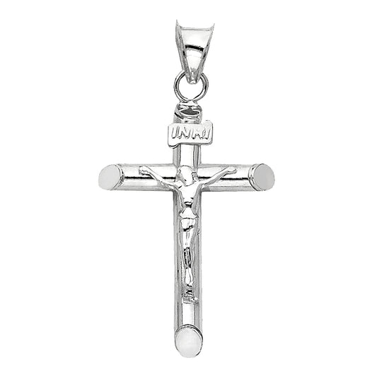 14K White Gold High-Polished Tube Crucifix Pendant with INRI & Christ Figure  aprox 1.5" Tall