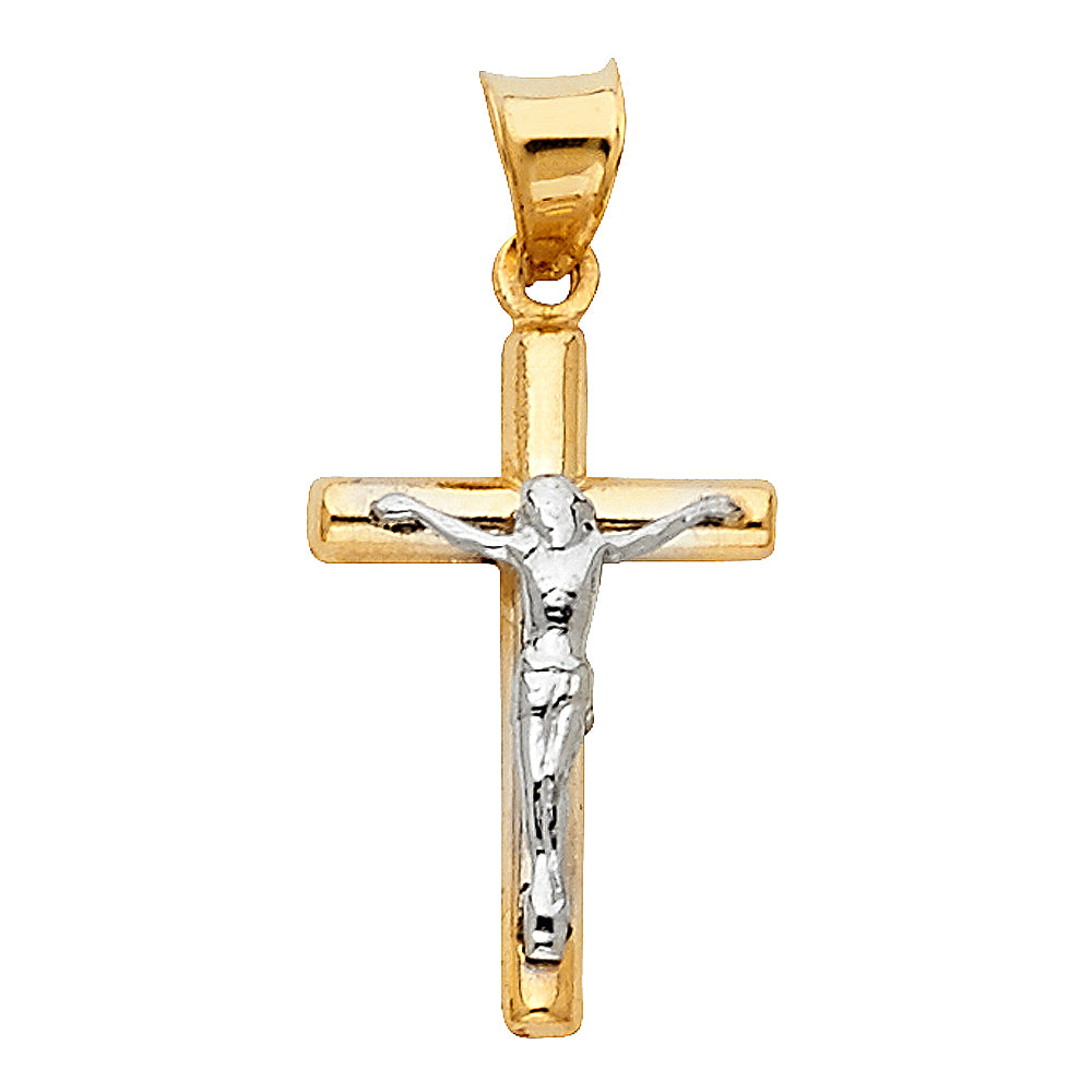 14K Two-Tone Gold High-Polished Tube Crucifix Pendant with White Gold Christ & INRI Aprox 3/4" Tall