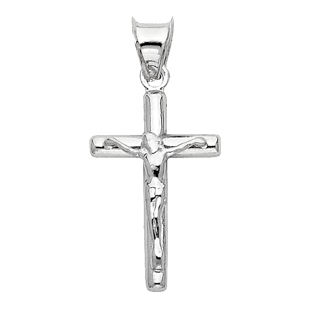 14K White Gold High-Polished Tube Crucifix Pendant with INRI & Christ Figure  aprox 3/4" Tall