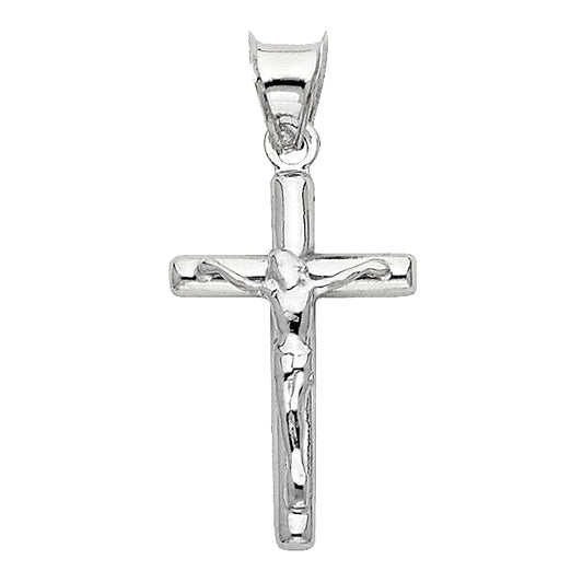 14K White Gold High-Polished Tube Crucifix Pendant with INRI & Christ Figure  aprox 3/4" Tall