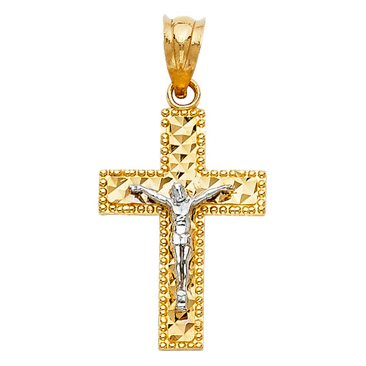 14K Yellow Gold Two-Tone Beaded Diamond-Cut Crucifix Pendant aprox 1" tall