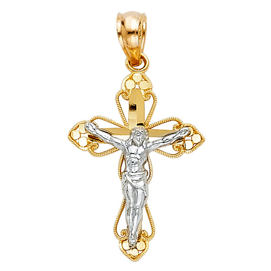 14K Yellow Gold Two-Tone Diamond-Cut Crucifix Pendant aprox 3/4" tall
