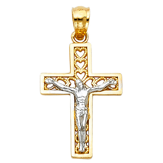 14K Two-Tone Gold Heart Motif Filigree Crucifix Pendant aprox 3/4" tall